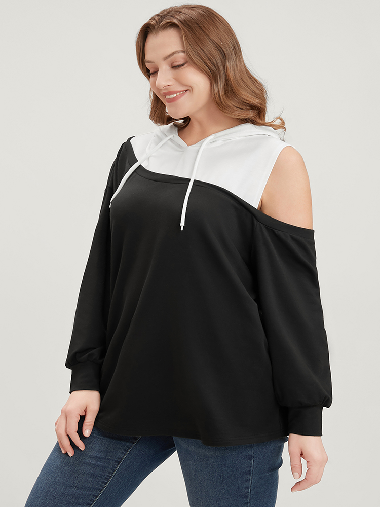 Plus Size Colorblock Contrast Drawstring Cut Out Sweatshirt Women Black Casual Contrast Hooded Dailywear Sweatshirts BloomChic 18-20/2X 