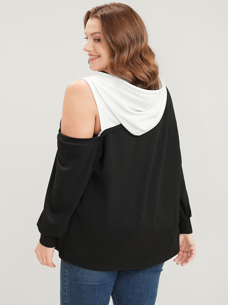 Plus Size Colorblock Contrast Drawstring Cut Out Sweatshirt Women Black Casual Contrast Hooded Dailywear Sweatshirts BloomChic 18-20/2X 