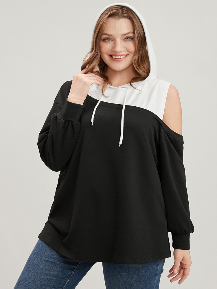 Plus Size Colorblock Contrast Drawstring Cut Out Sweatshirt Women Black Casual Contrast Hooded Dailywear Sweatshirts BloomChic 18-20/2X 