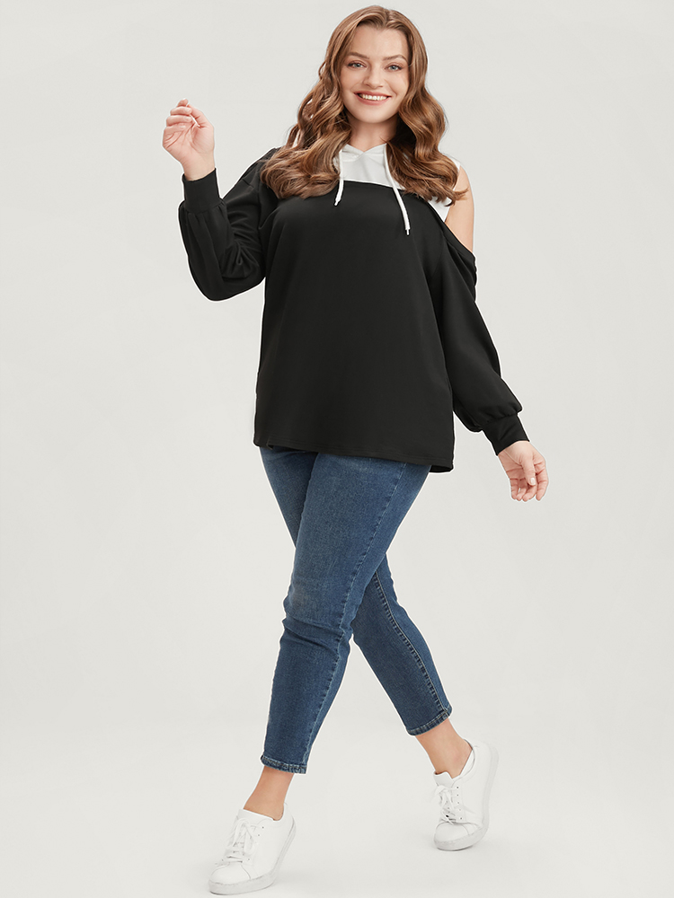 Plus Size Colorblock Contrast Drawstring Cut Out Sweatshirt Women Black Casual Contrast Hooded Dailywear Sweatshirts BloomChic 18-20/2X 