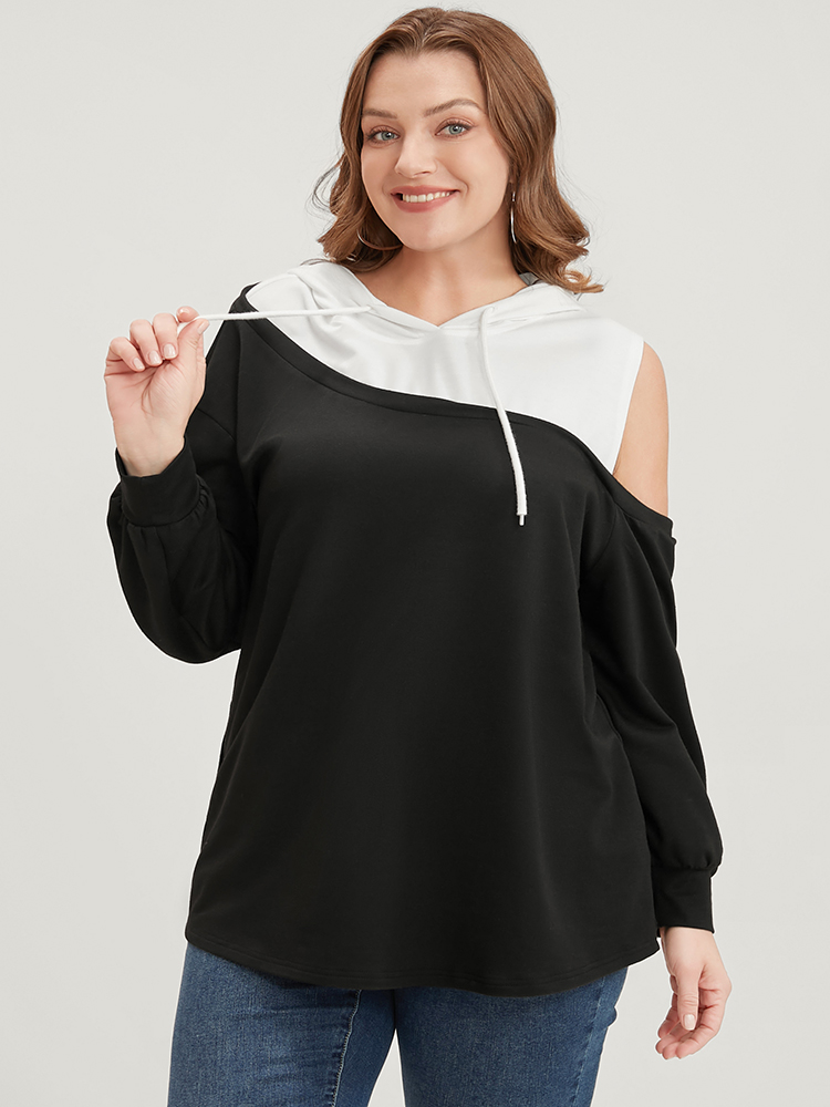 

Plus Size Colorblock Contrast Drawstring Cut Out Sweatshirt Women Black Casual Contrast Hooded Dailywear Sweatshirts BloomChic