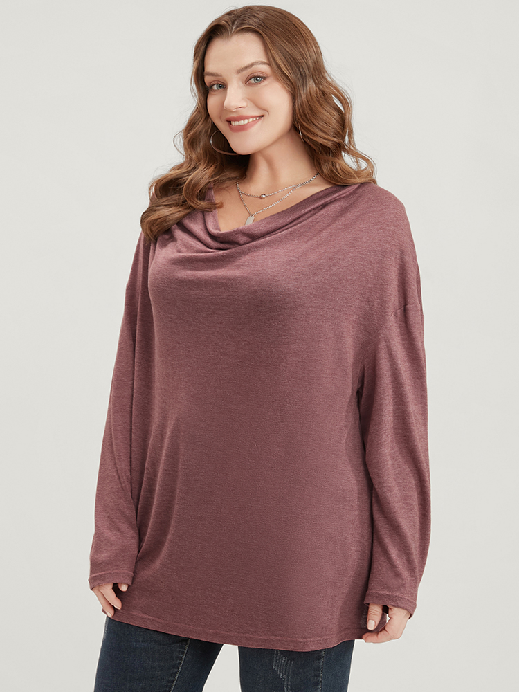 

Plus Size Plain Cowl Neck Long Tee Russet Women Elegant Plain Cowl Neck Loose Dailywear T-shirts BloomChic