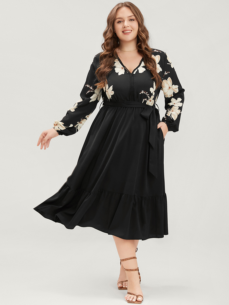 

Plus Size Floral Pocket Broderie Anglaise Lantern Sleeve Belted Flutter Dress BlackFlower Women Elegant Pocket V-neck Long Sleeve Curvy Midi Dress BloomChic