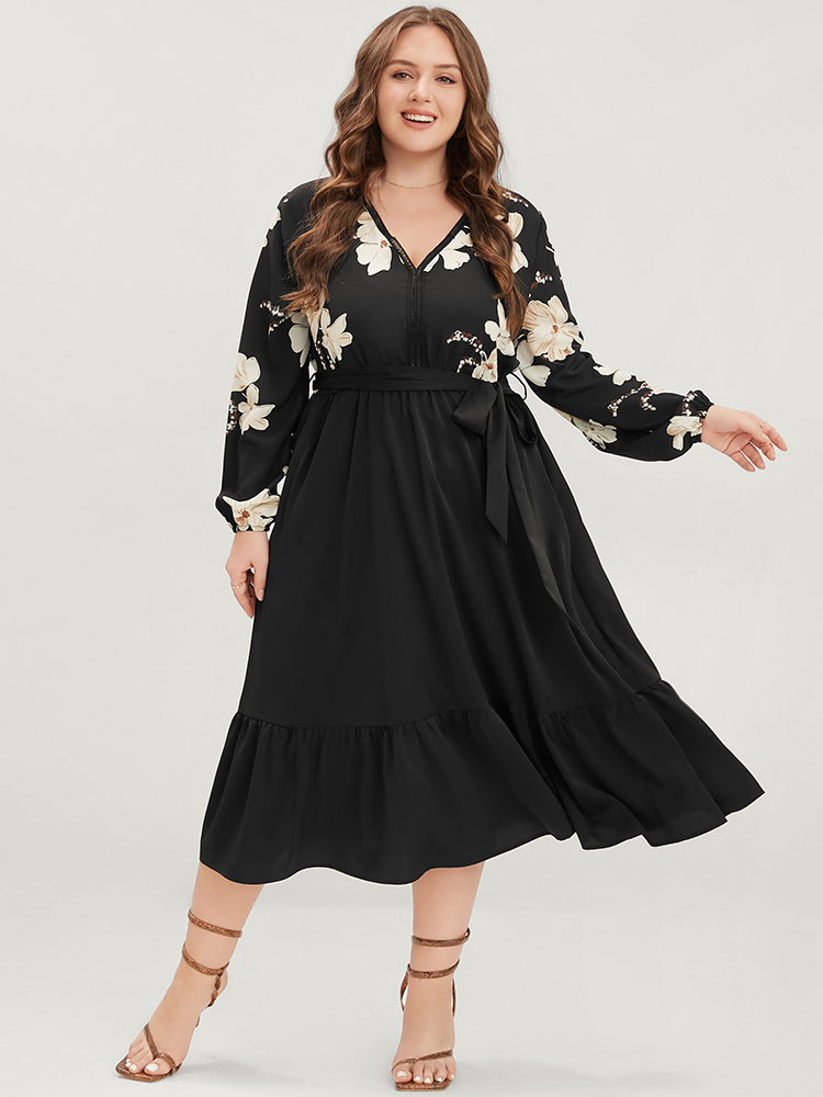 

Plus Size Floral Pocket Broderie Anglaise Lantern Sleeve Belted Flutter Dress BlackFlower Women Elegant Pocket V-neck Long Sleeve Curvy Midi Dress BloomChic