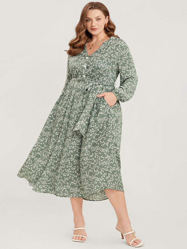 

Plus Size Ditsy Floral Lantern Sleeve Pocket Button Through Belted Midi Dress Sage Women Elegant Button V-neck Long Sleeve Curvy Midi Dress BloomChic