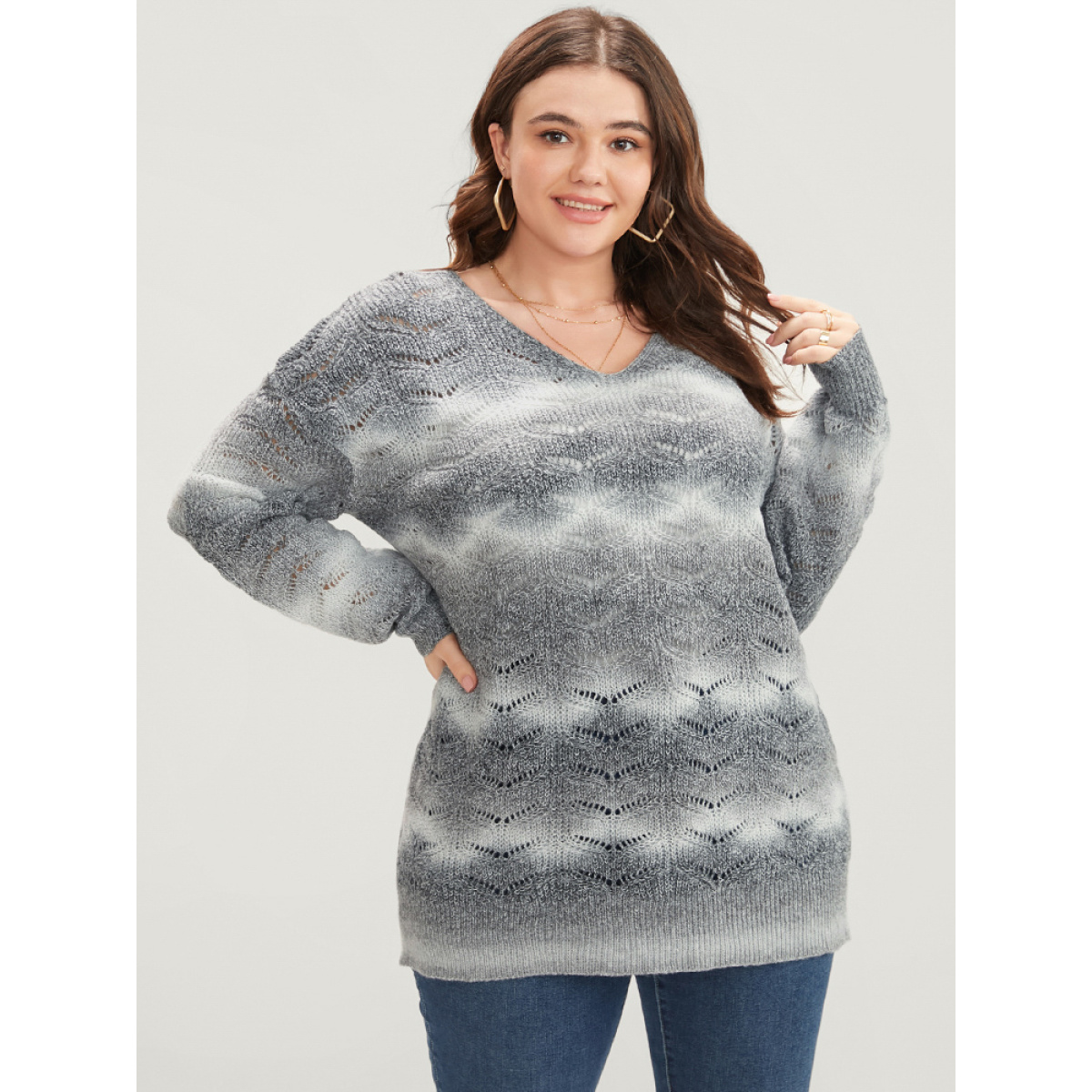 

Plus Size Ombre Spacedye Knit Eyelet V Neck Heather Knit Top Multicolor Women Casual Loose Long Sleeve V-neck Dailywear Pullovers BloomChic