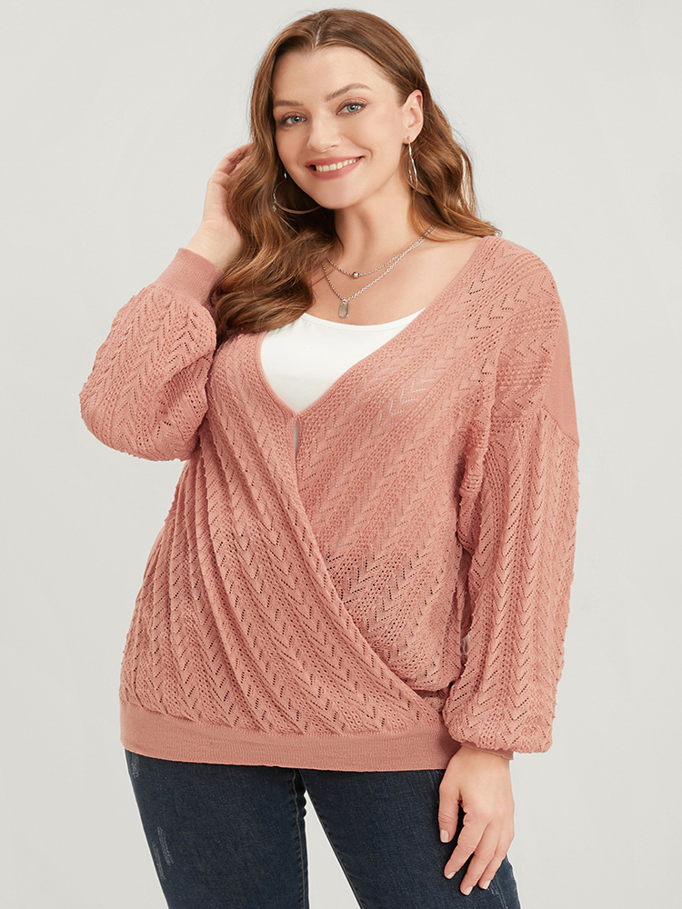 

Plus Size Plain Super Soft Knit Lantern Sleeve Wrap Knit Top Chocolate Women Casual Loose Long Sleeve Deep V-neck Dailywear Pullovers BloomChic