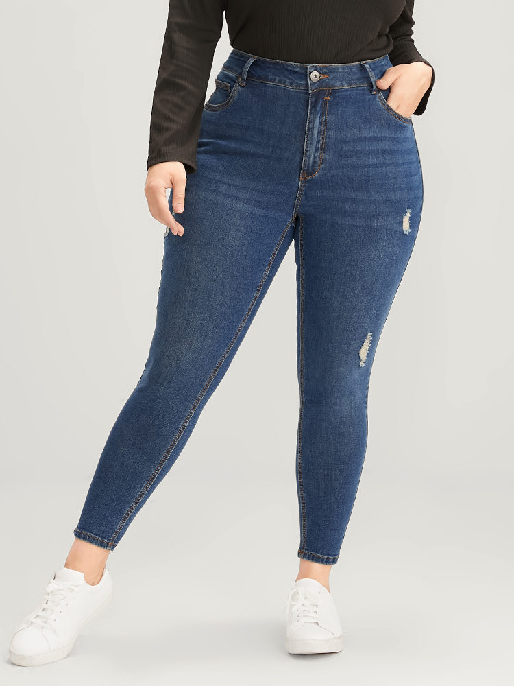 

Plus Size Skinny Moderately Stretchy High Rise Dark Wash Distressed Ankle Jeans Women Indigo Casual Plain Zipper Medium stretch Pocket Jeans BloomChic