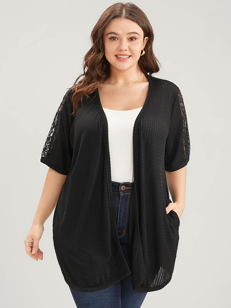 

Plus Size Solid Pocket Contrast Lace Open Front Cover Up Women Black Casual Patchwork Pocket Dailywear Kimonos BloomChic