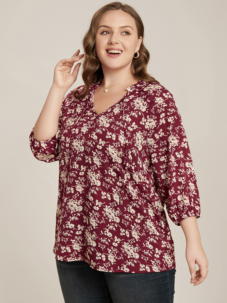 Plus Size Scarlet Floral Print Lantern Sleeve Tie V Neck Blouse Women Elegant Elbow-length sleeve V-neck Dailywear Blouses BloomChic 14-16/1X 