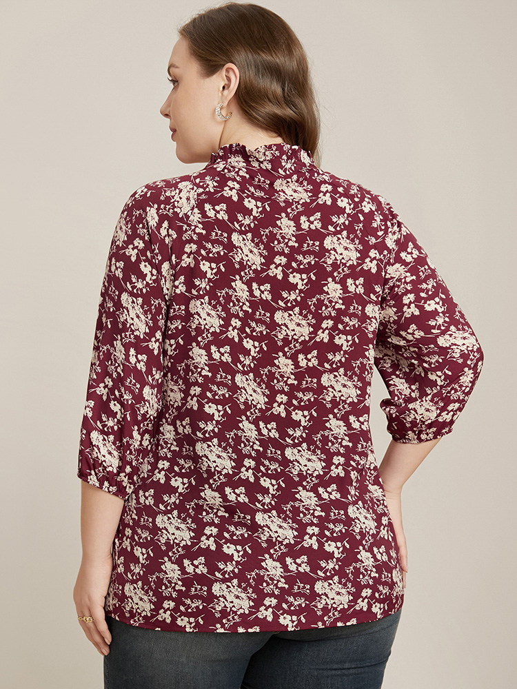 Plus Size Scarlet Floral Print Lantern Sleeve Tie V Neck Blouse Women Elegant Elbow-length sleeve V-neck Dailywear Blouses BloomChic 14-16/1X 