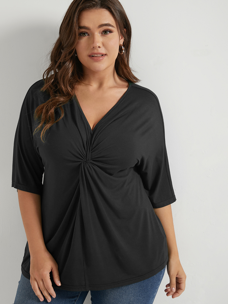 

Plus Size V Neck Modal Twist Front T-shirt Black V-neck Short sleeve Elegant Jersey Tops