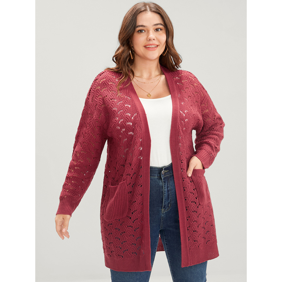 

Plus Size Plain Pointelle Knit Cut Out Pocket Open Front Mid Long Cardigan Burgundy Women Casual Loose Long Sleeve Dailywear Cardigans BloomChic