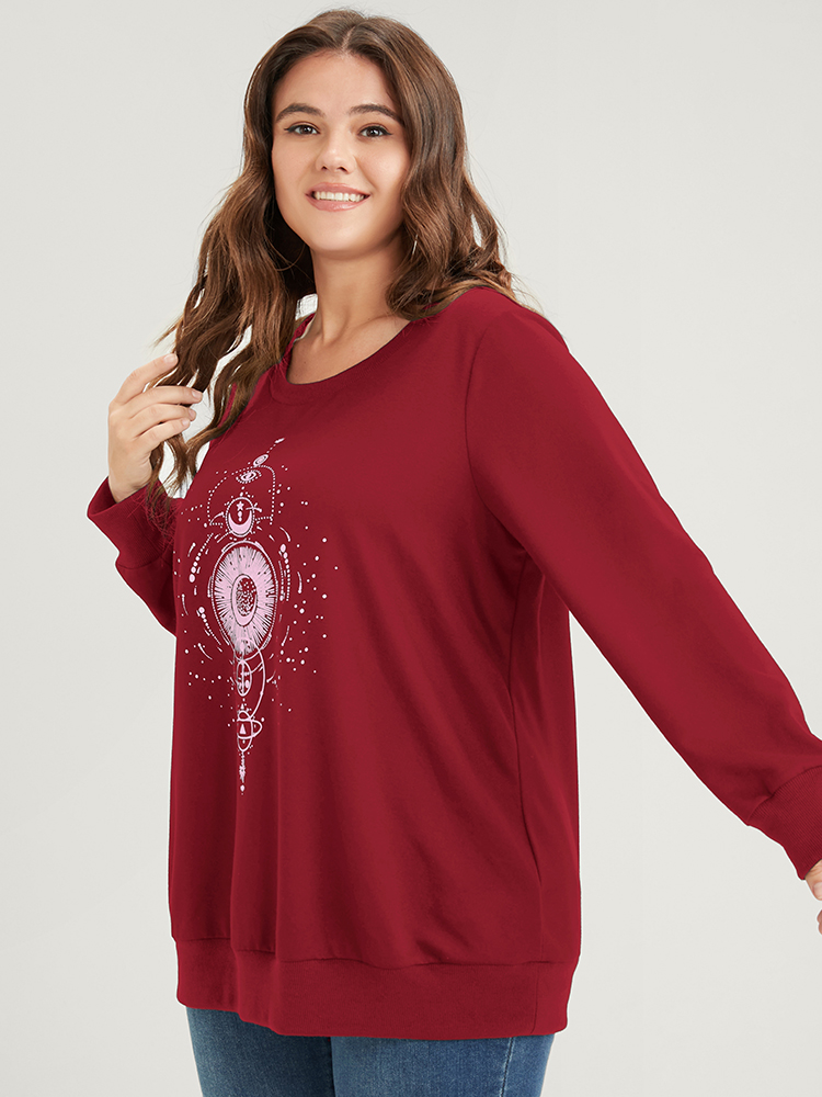 

Plus Size Star Print Round Neck Drop Shoulder Sweatshirt Women Burgundy Casual Printed Round Neck Dailywear Sweatshirts BloomChic