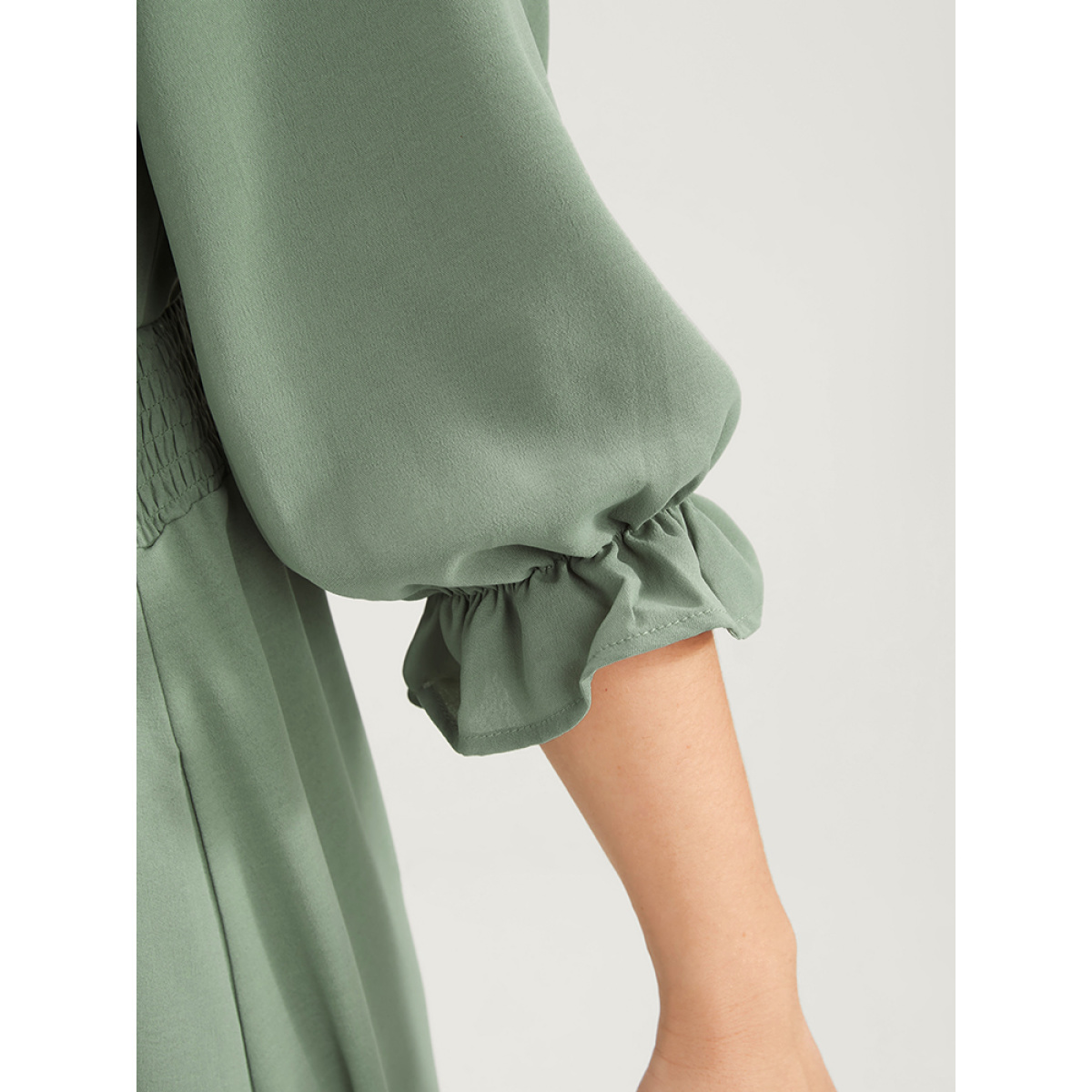 

Plus Size Plain Lantern Sleeve Button Detail Pocket Shirred Ruffle Hem Dress Mint Women Patchwork V-neck Elbow-length sleeve Curvy Midi Dress BloomChic