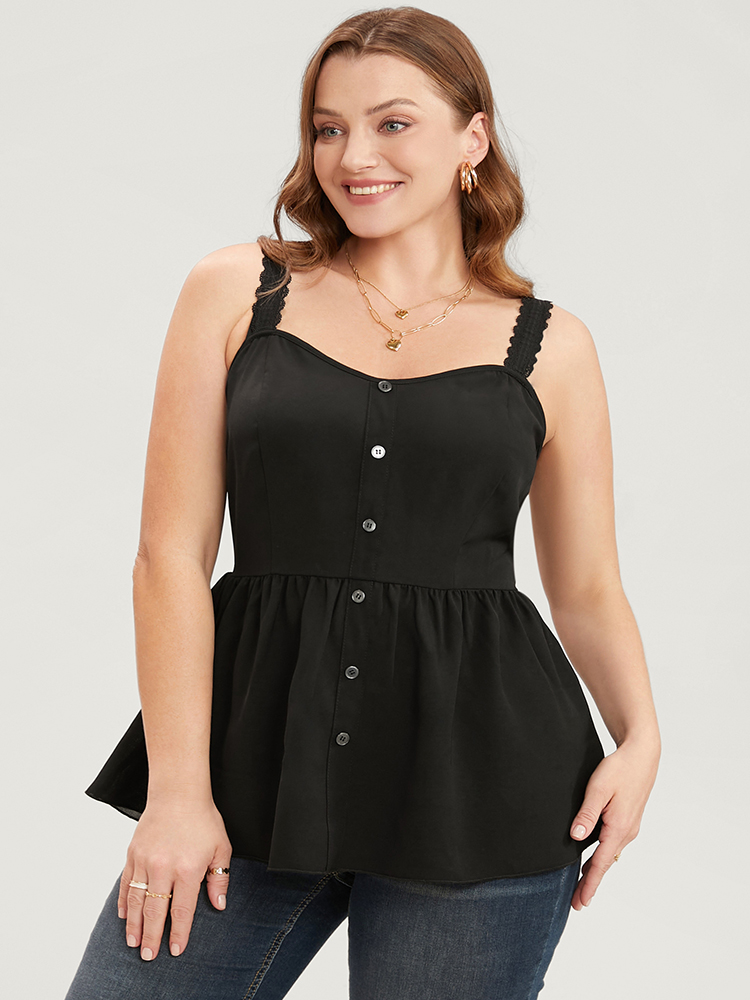 

Plus Size Plain Button Detail Ruffle Hem Lace Cami Top Women Black Elegant Adjustable Straps V-neck Dailywear Tank Tops Camis BloomChic