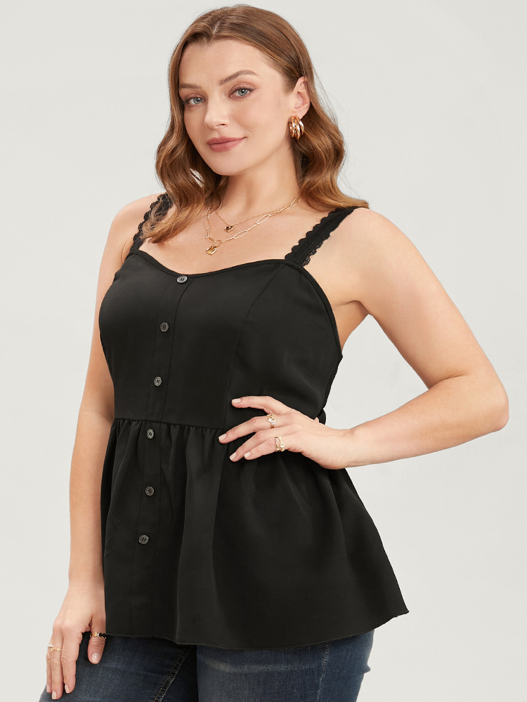 Plus Size Plain Button Detail Ruffle Hem Lace Cami Top Women Black Elegant Adjustable Straps V-neck Dailywear Tank Tops Camis BloomChic 18-20/2X 