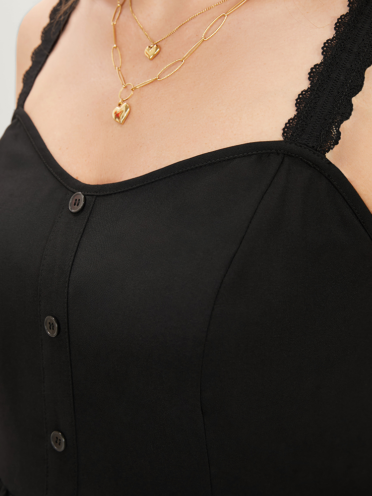 Plus Size Plain Button Detail Ruffle Hem Lace Cami Top Women Black Elegant Adjustable Straps V-neck Dailywear Tank Tops Camis BloomChic 18-20/2X 