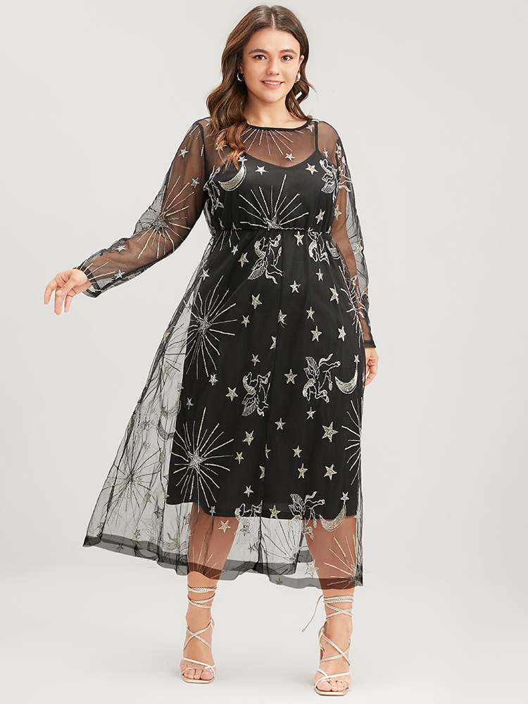Moon and Star Embroidered Plus Size Women Midi Dress Going out Gathered Long Sleeve Round Neck Party Dresses BloomChic 