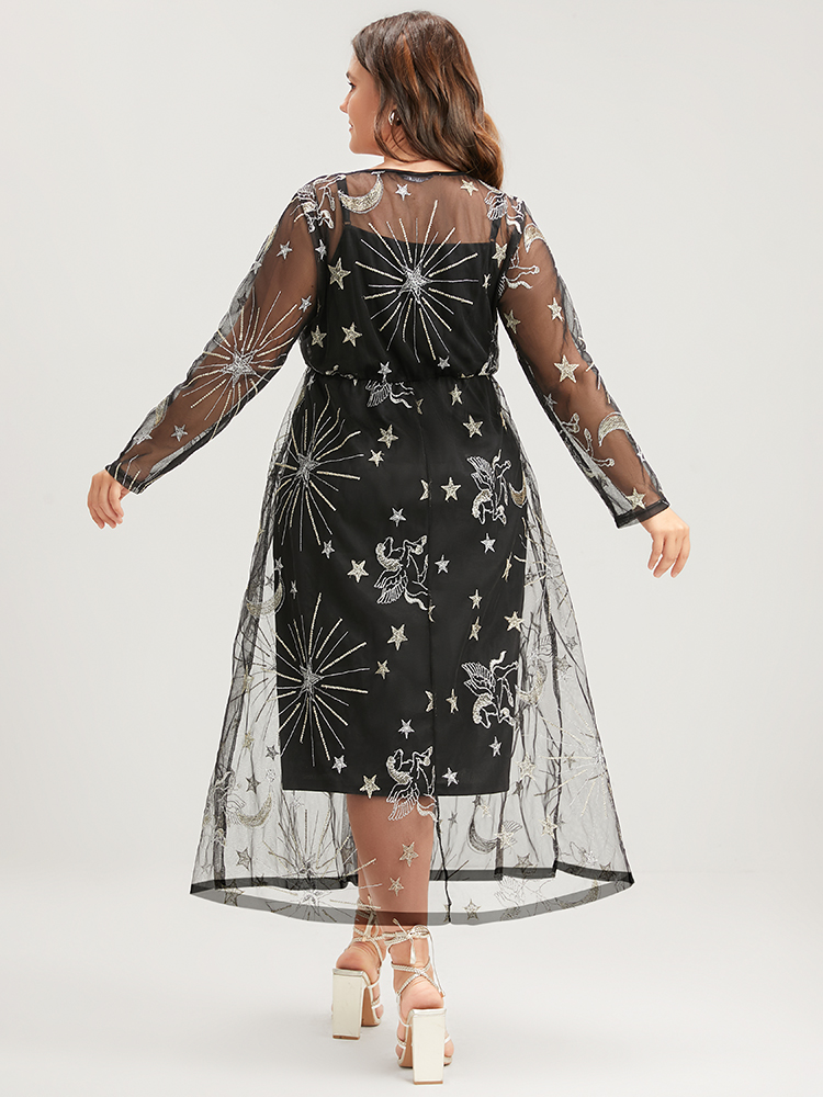 Moon and Star Embroidered Plus Size Women Midi Dress Going out Gathered Long Sleeve Round Neck Party Dresses BloomChic 