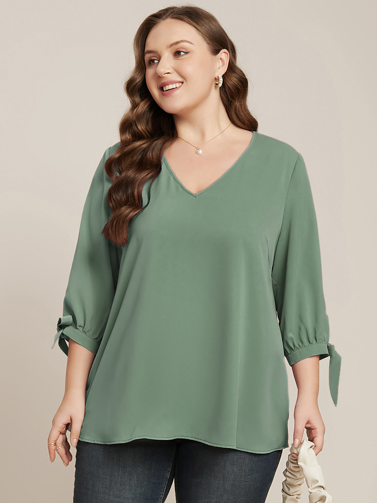 

Plus Size Mint Plain Knotted Sleeve V Neck Blouse Women Work From Home Elbow-length sleeve V-neck Work Blouses BloomChic