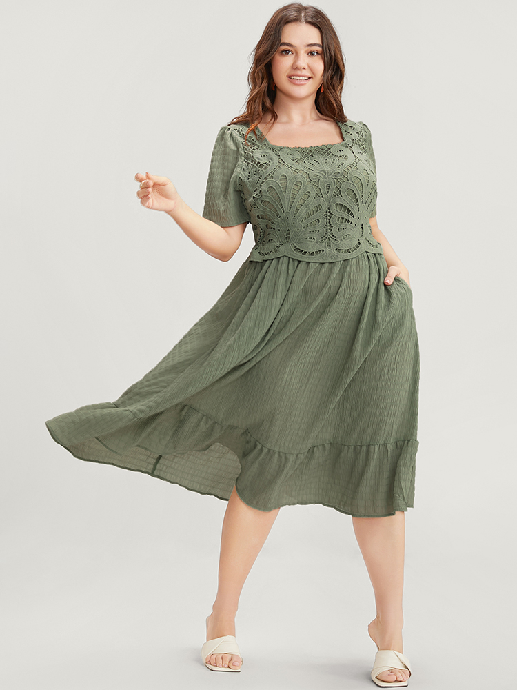Plus Size Solid Square Neck Pocket Lace Ruffles Hem Dress Mint Women Elegant Elastic Waist Square Neck Short sleeve Curvy Midi Dress BloomChic 30/6X 