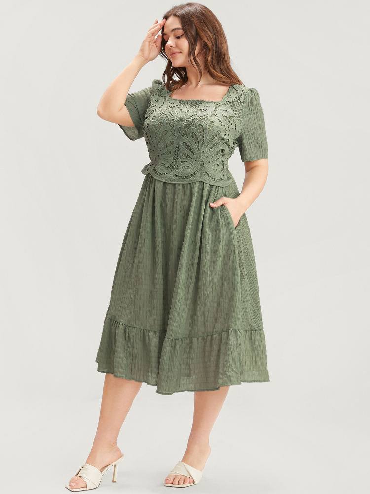 Plus Size Solid Square Neck Pocket Lace Ruffles Hem Dress Mint Women Elegant Elastic Waist Square Neck Short sleeve Curvy Midi Dress BloomChic 30/6X 