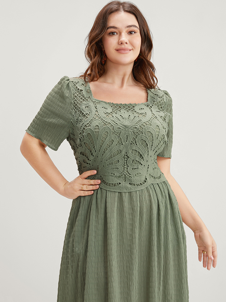 Plus Size Solid Square Neck Pocket Lace Ruffles Hem Dress Mint Women Elegant Elastic Waist Square Neck Short sleeve Curvy Midi Dress BloomChic 30/6X 