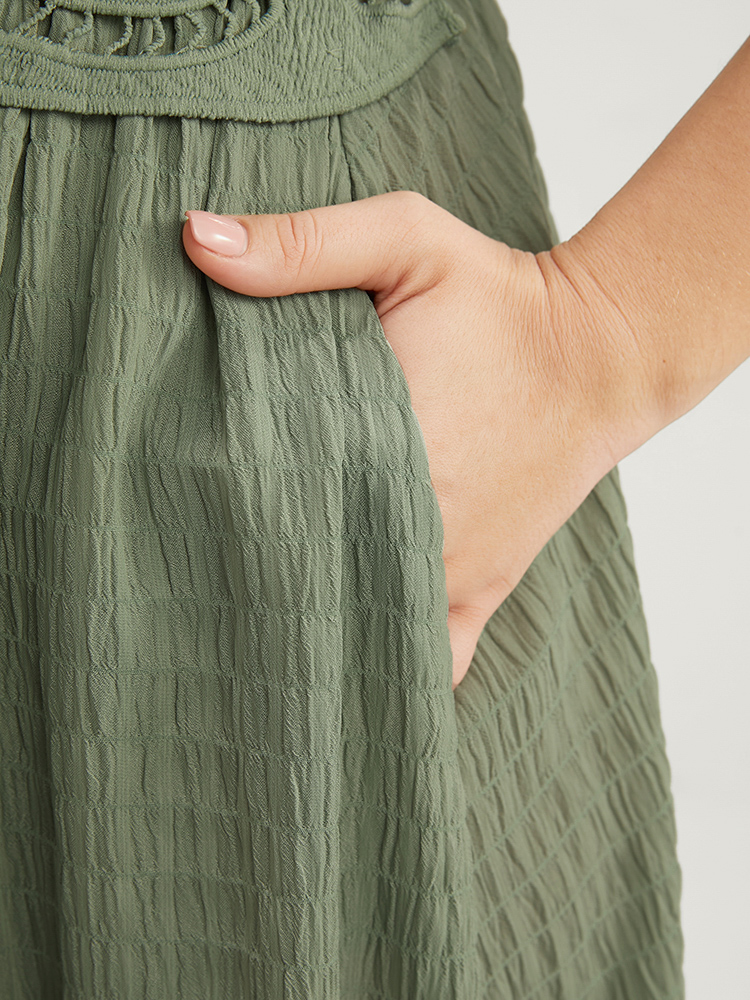 Plus Size Solid Square Neck Pocket Lace Ruffles Hem Dress Mint Women Elegant Elastic Waist Square Neck Short sleeve Curvy Midi Dress BloomChic 30/6X 