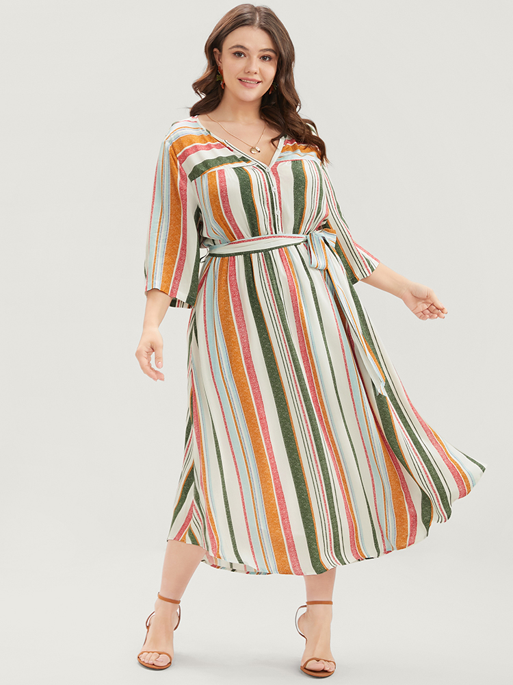 

Plus Size Striped Print Pocket Button Up Belted Midi Dress Multicolor Women Vacation Pocket V-neck Elbow-length sleeve Curvy Midi Dress BloomChic