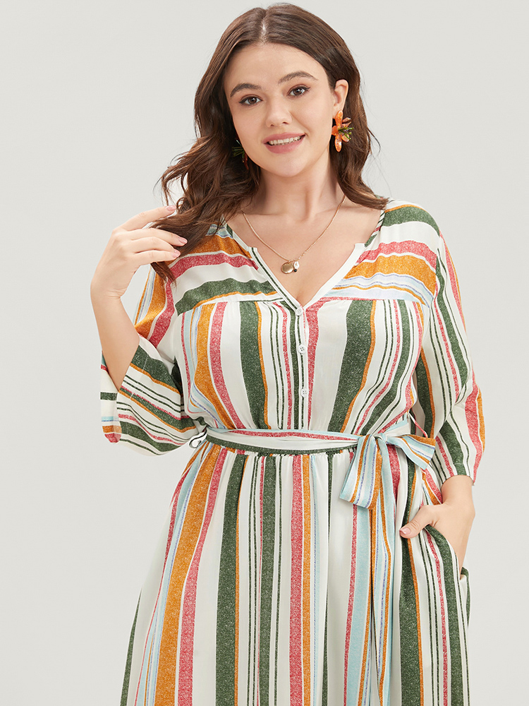 

Plus Size Striped Print Pocket Button Up Belted Midi Dress Multicolor Women Vacation Pocket V-neck Elbow-length sleeve Curvy Midi Dress BloomChic