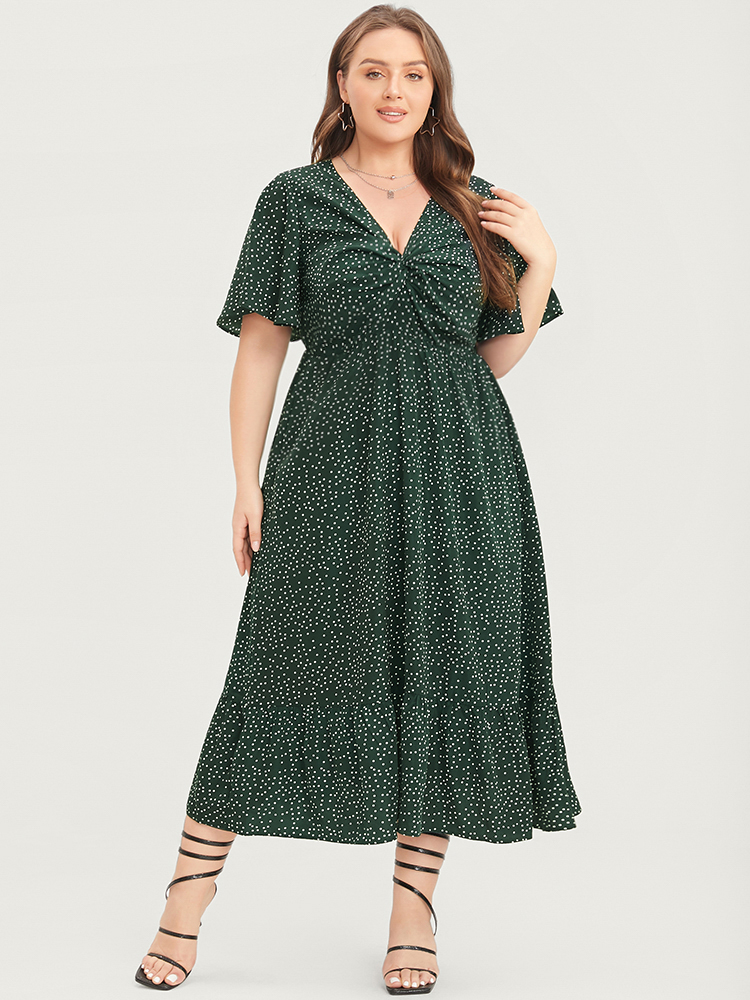 

Plus Size Polka Dot Twist Front Pocket Flutter Hem Dress DarkGreen Women Elegant Pocket V-neck Short sleeve Curvy Midi Dress BloomChic