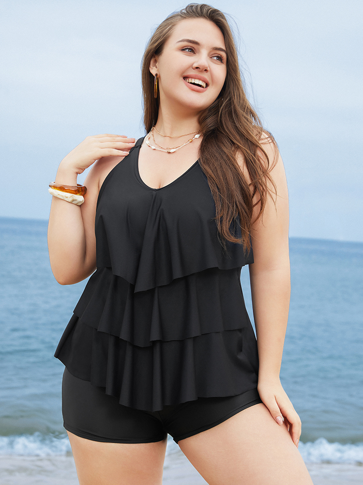 

Plus Size Adjustable Straps Asymmetrical Ruffle Tiered Tankini Top Women's Swimwear Black Vacation Adjustable Straps High stretch Bodycon V-neck Curve Swim Tops BloomChic