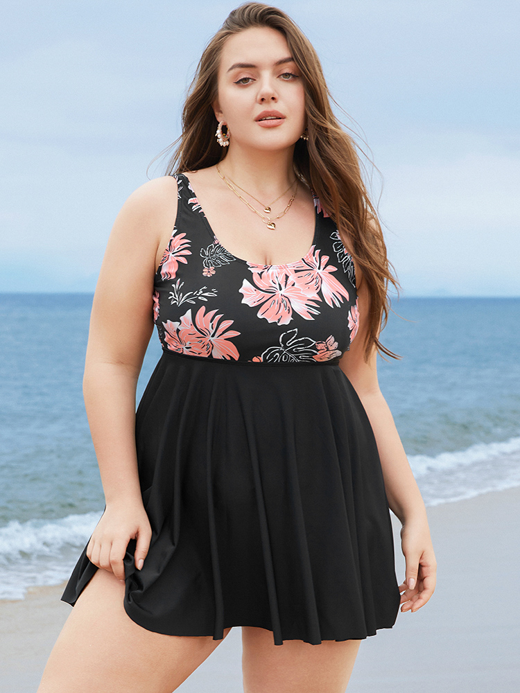 

Plus Size Floral Print Scoop Neck Sculpt Waist Swim Dress Women's Swimwear Black Vacation Bodycon High stretch Curve Swim Dresses BloomChic