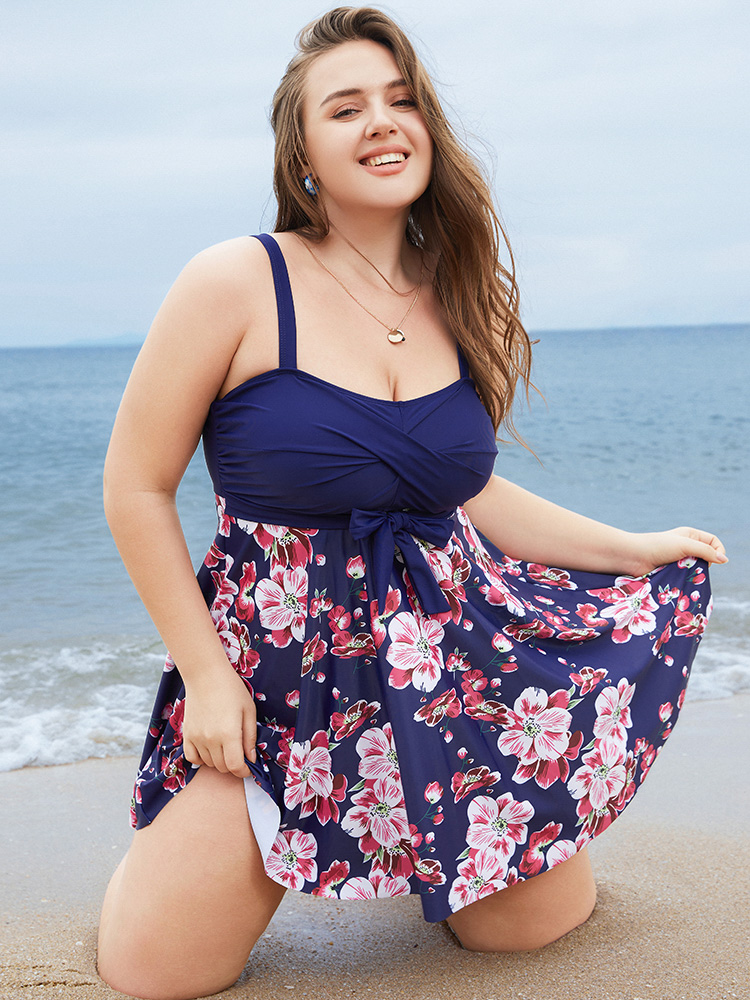 Floral Print Knotted Twist Front  A Line Swim Dress BloomChic 
