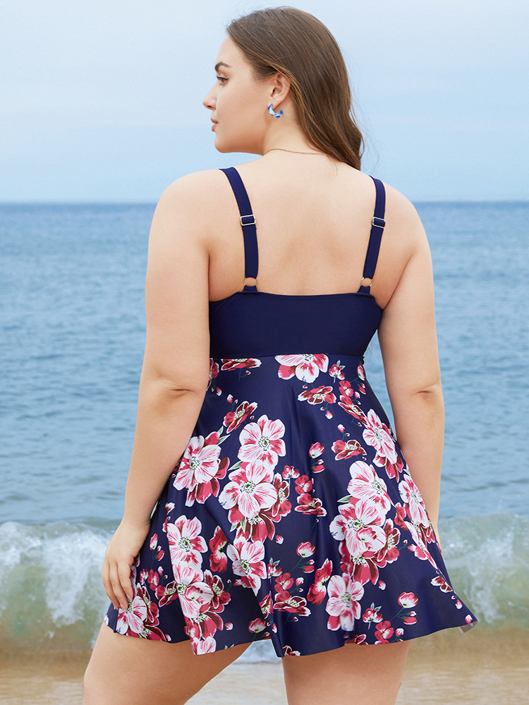 Floral Print Knotted Twist Front  A Line Swim Dress BloomChic 