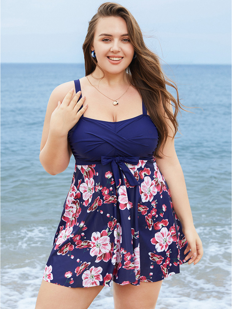 Floral Print Knotted Twist Front  A Line Swim Dress BloomChic 