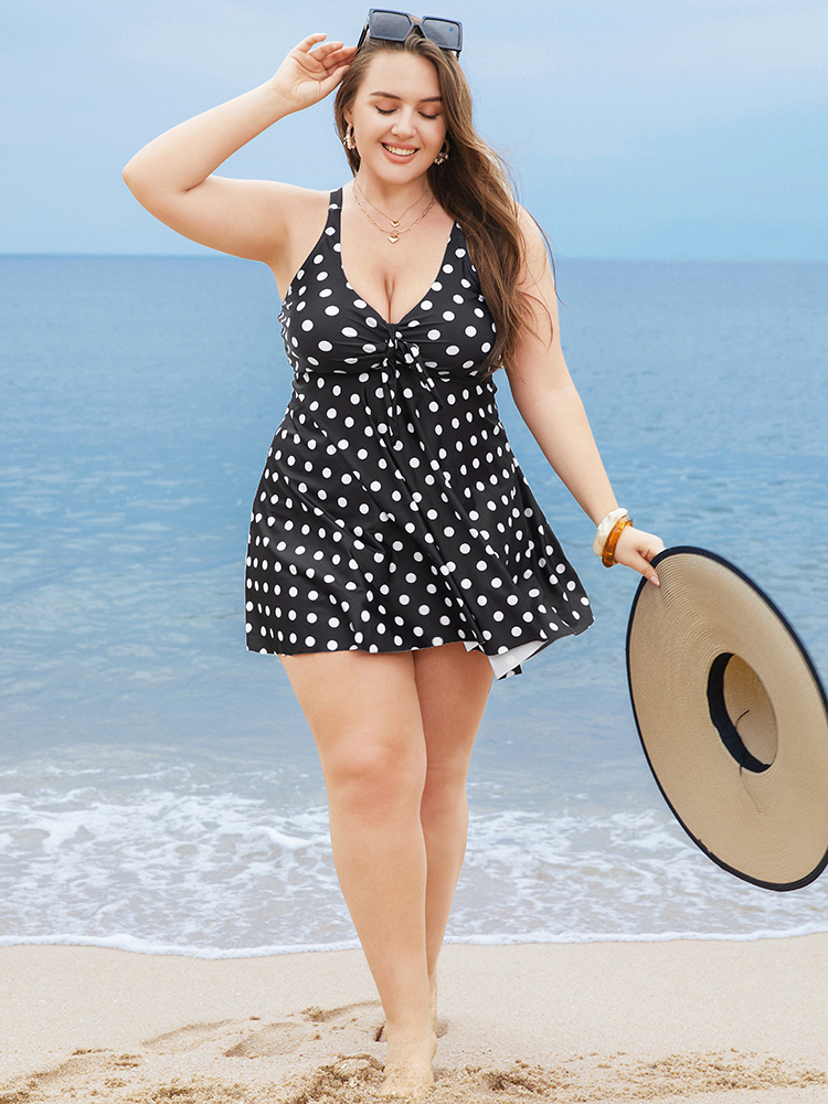 

Plus Size Polka Dot Twist Front Adjustable Straps Swim Dress Women's Swimwear BlackFlower Vacation Bodycon Deep V-neck High stretch Curve Swim Dresses BloomChic