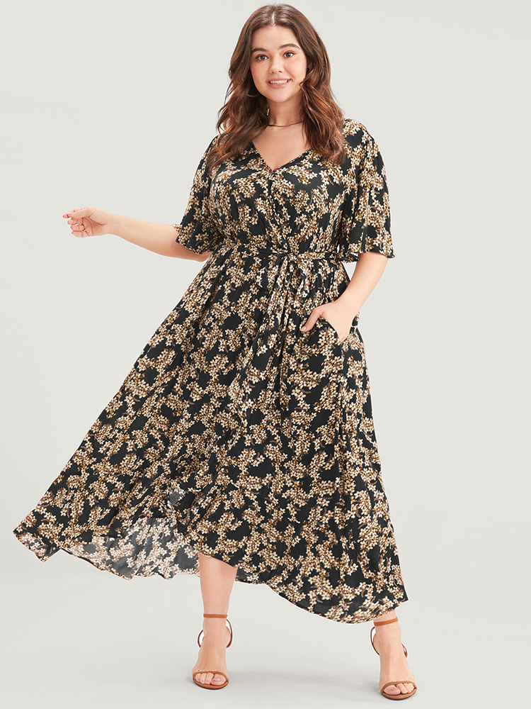 

Plus Size Floral Print Wrap Ruffles Pocket Belted Asymmetrical Hem Dress Black Women Elegant Pocket V-neck Short sleeve Curvy Midi Dress BloomChic