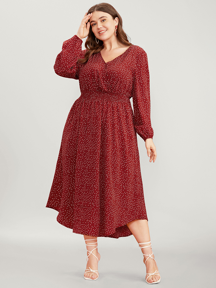 

Plus Size Polka Dot Wrap Lantern Sleeve Pocket Shirred Arc Hem Dress Red Women Pocket V-neck Long Sleeve Curvy Midi Dress BloomChic