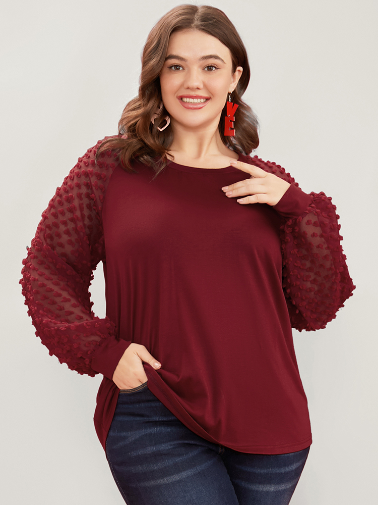 

Plus Size Solid Mesh Patchwork Embroidered Round Neck Long Tee Scarlet Women Elegant See through Plain Round Neck Dailywear T-shirts BloomChic