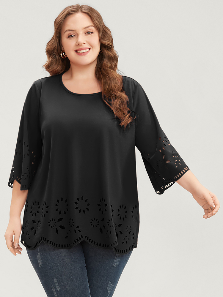 

Plus Size Solid Laser Cut Scalloped Trim T-shirt Black Round Neck Elbow-length sleeve Elegant Jersey Tops