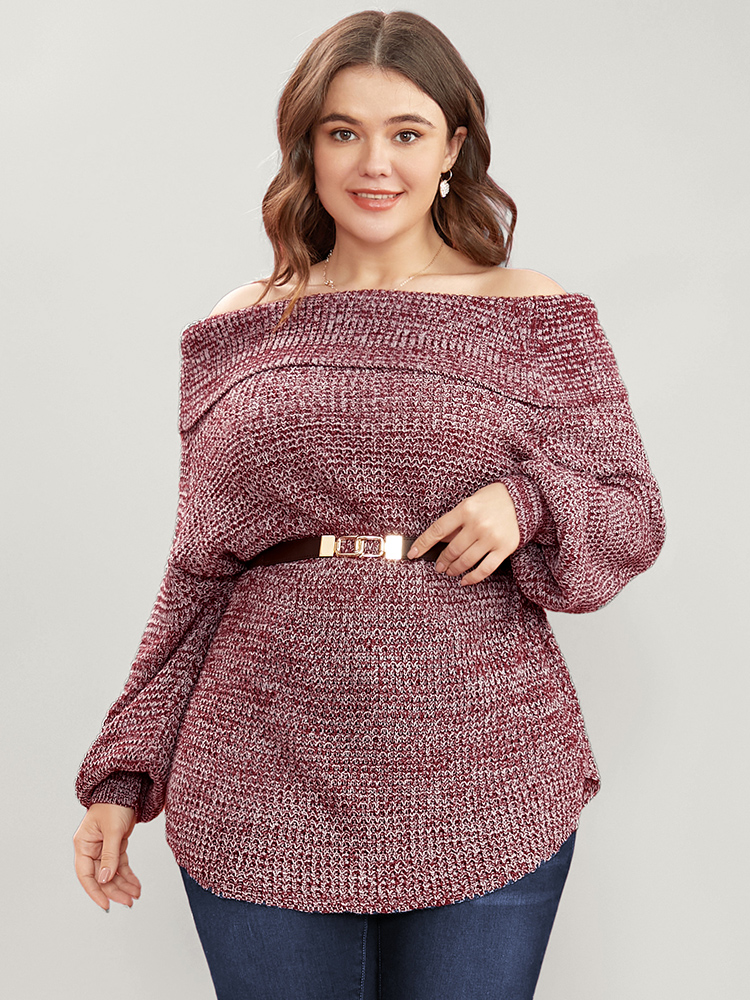 

Plus Size Solid Pointelle Knit Off Shoulder Arc Hem Heather Knit Top Russet Women Elegant Loose Long Sleeve One-shoulder neck Dailywear Pullovers BloomChic