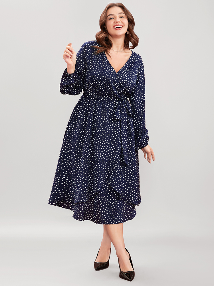 

Plus Size Heart Print Surplice Neck Pocket Asymmetrical Belted Flutter Dress Navy Women Elegant Pocket V-neck Long Sleeve Curvy Midi Dress BloomChic