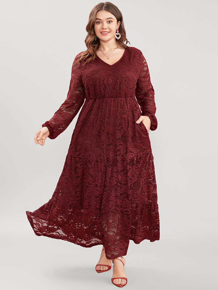 

Plus Size Solid Crochet Lace Lantern Sleeve Pocket Flutter Maxi Dress Scarlet Women Glamour See through V-neck Long Sleeve Curvy Long Dress BloomChic