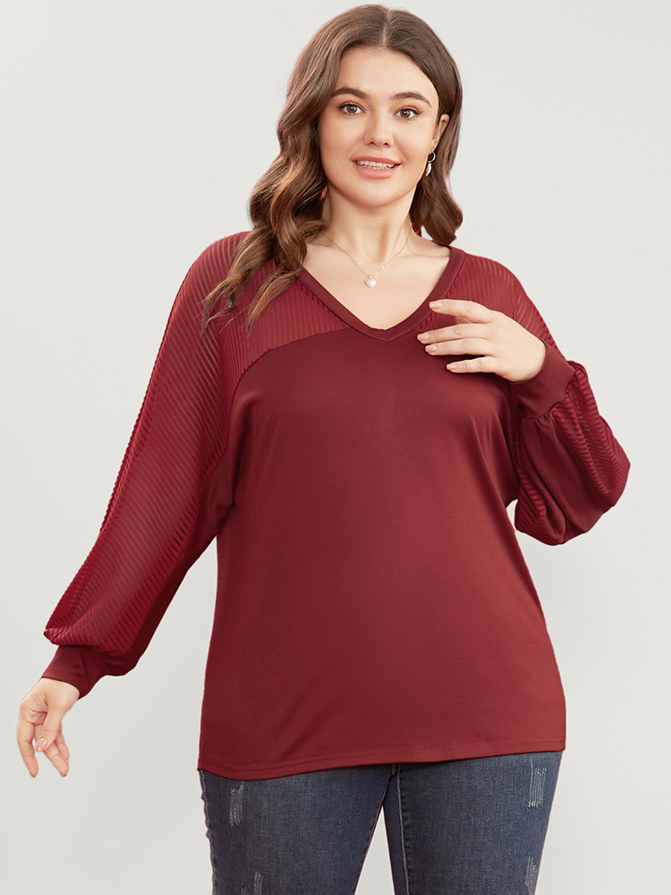 Plus Size Women Dailywear Plain See through Dolman Sleeve Long Sleeve Round Neck Elegant T-shirts BloomChic 