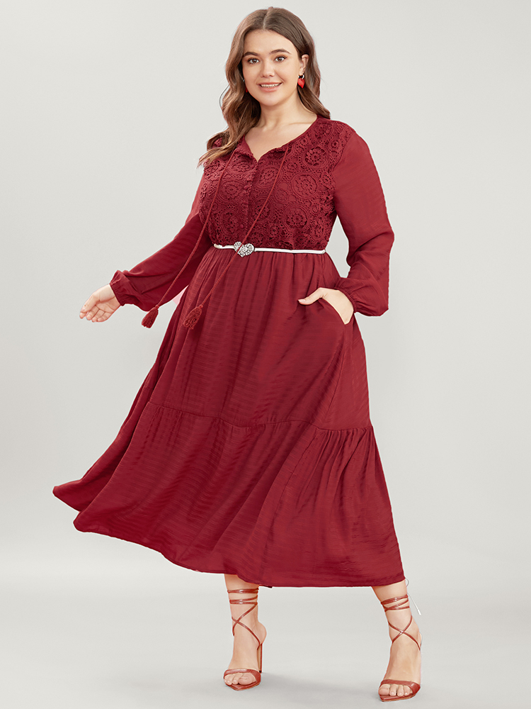 

Plus Size Solid Lace Button Up Tie Neck Lantern Sleeve Pocket Flutter Dress Burgundy Women Elegant Patchwork Round Neck Long Sleeve Curvy Midi Dress BloomChic