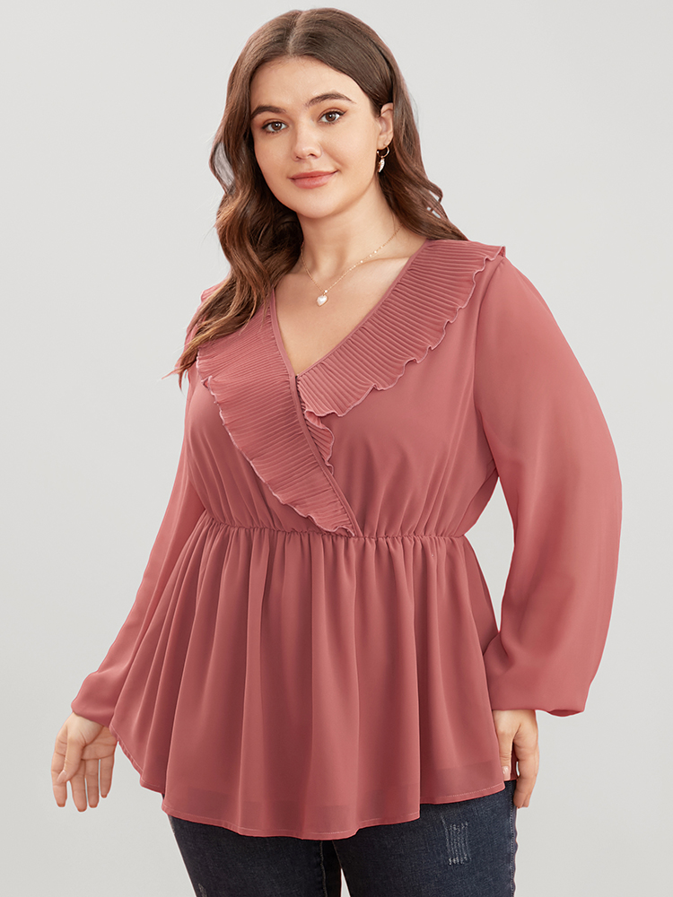 

Plus Size DustyPink Solid Lantern Sleeve Pleated Ruffle Trim Wrap Blouse Women Elegant Long Sleeve V-neck Dailywear Blouses BloomChic