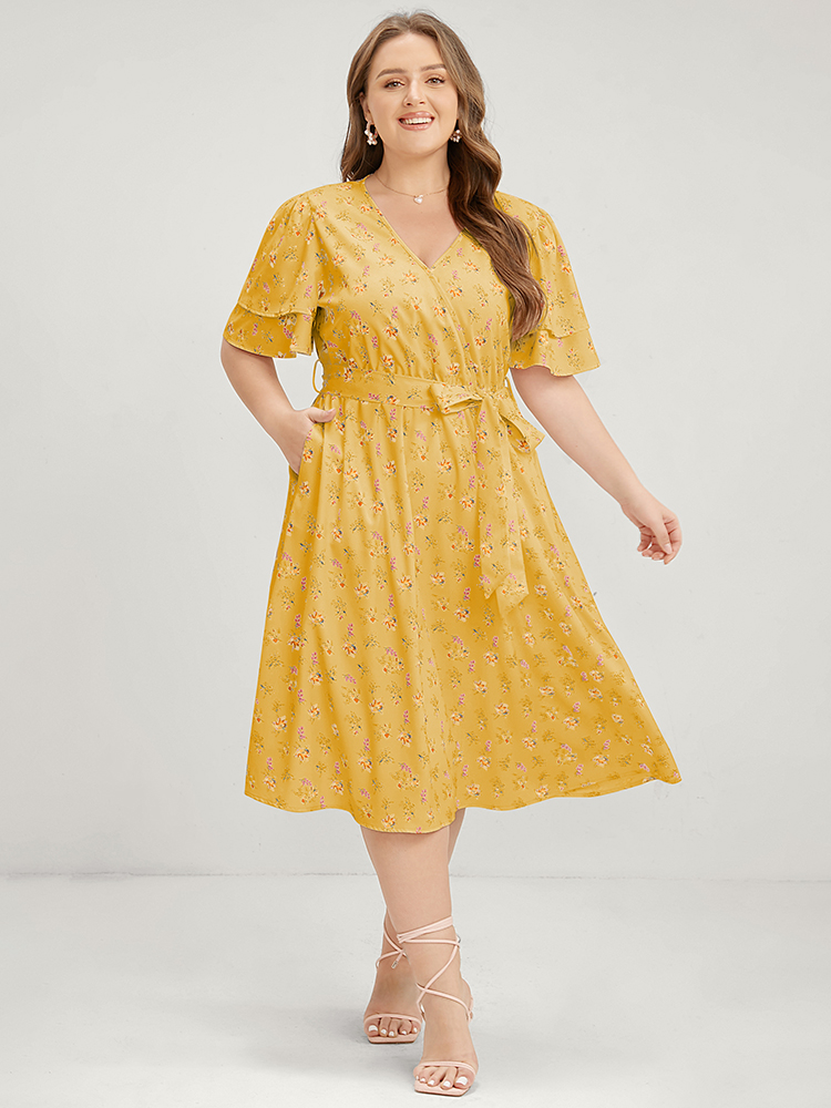 

Plus Size Floral Printed Ruffle Sleeve Pocket Belted Midi Dress Yellow Women Elegant Wrap V-neck Short sleeve Curvy Midi Dress BloomChic