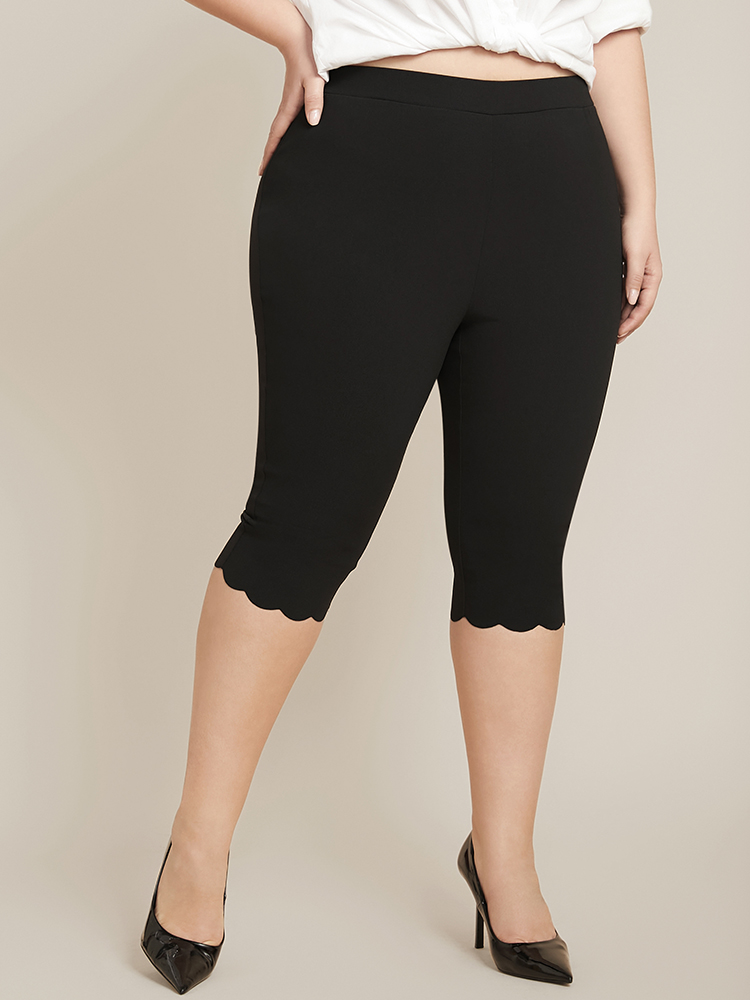 Plus Size Solid Scalloped Trim Elastic Waist Skinny Leggings Women Black Elegant Low stretch Skinny High Rise Everyday Leggings BloomChic 10/M 
